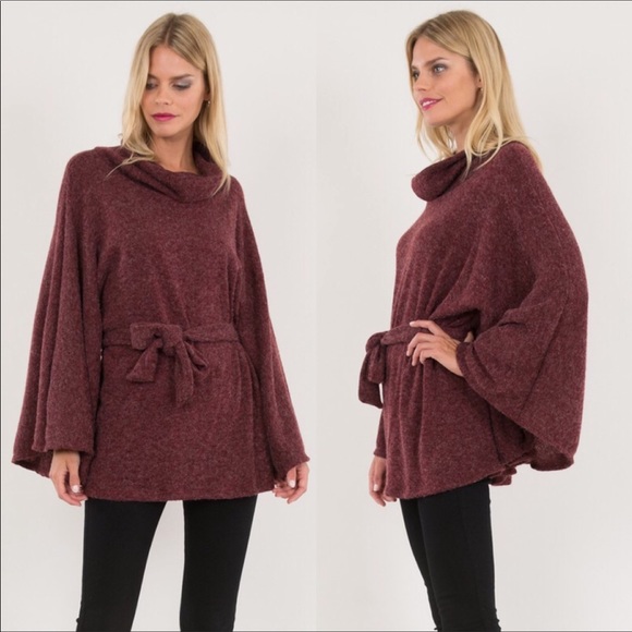 Soft Burgundy Belted Poncho/Sweater - Picture 2 of 7